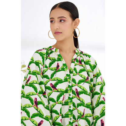 Nikasha White & Green Hand Painted Parakeet Print Shirt