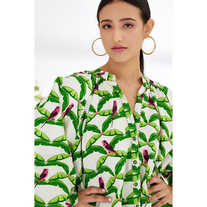 Nikasha White & Green Hand Painted Parakeet Print Shirt