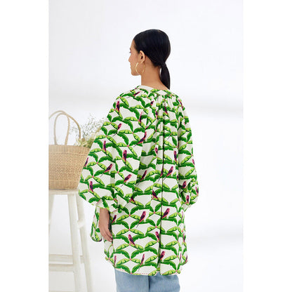 Nikasha White & Green Hand Painted Parakeet Print Shirt