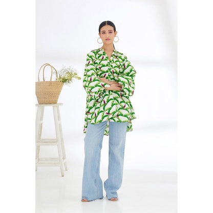 Nikasha White & Green Hand Painted Parakeet Print Shirt