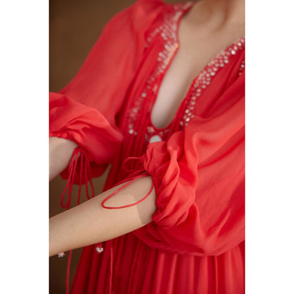 Nikasha Red Hand Mirror Work Maxi Dress