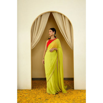 Nikasha Lime Green Pure Silk Chiffon Saree with Stitched Blouse