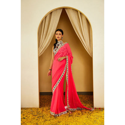 Nikasha Mithai Pink Pure Silk Chiffon Saree with Stitched Blouse
