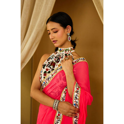Nikasha Mithai Pink Pure Silk Chiffon Saree with Stitched Blouse