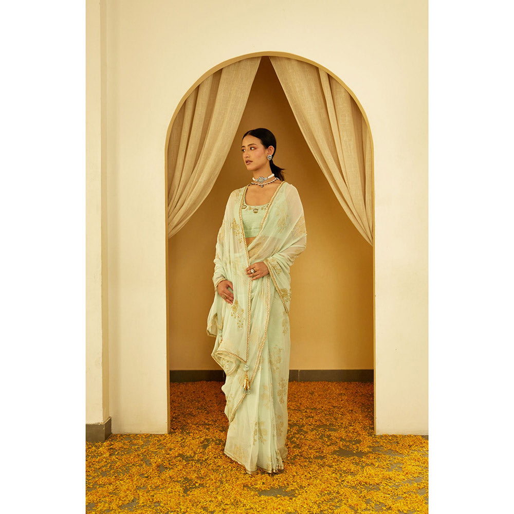 Nikasha Mint Foil Pure Silk Chiffon Saree with Stitched Blouse