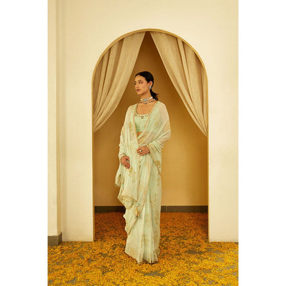 Nikasha Mint Foil Pure Silk Chiffon Saree with Stitched Blouse