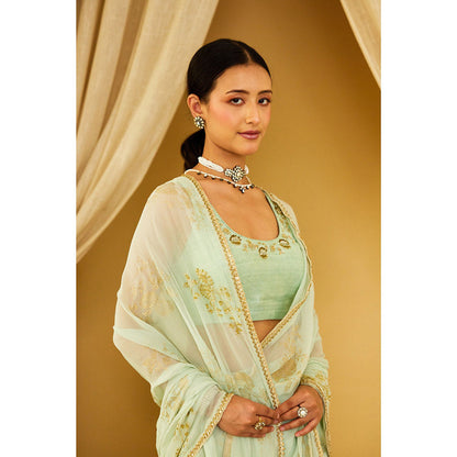 Nikasha Mint Foil Pure Silk Chiffon Saree with Stitched Blouse