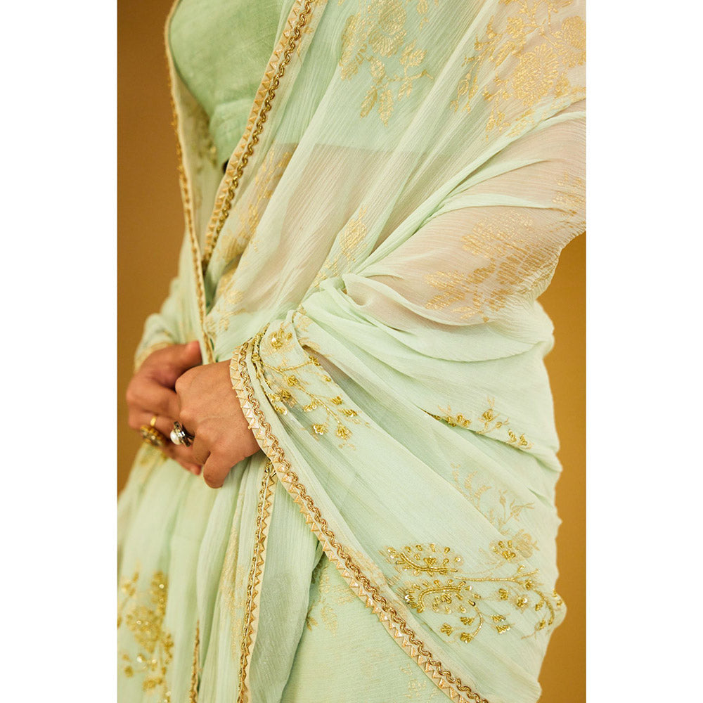 Nikasha Mint Foil Pure Silk Chiffon Saree with Stitched Blouse