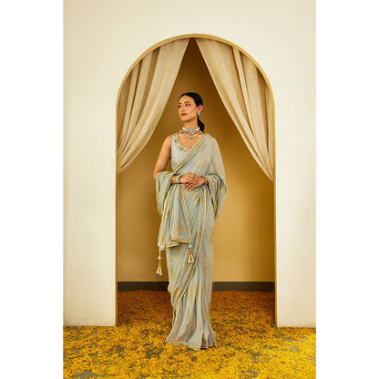 Nikasha Grey Foil Pure Silk Chiffon Saree with Stitched Blouse