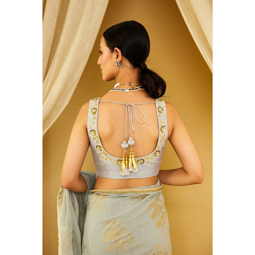 Nikasha Grey Foil Pure Silk Chiffon Saree with Stitched Blouse