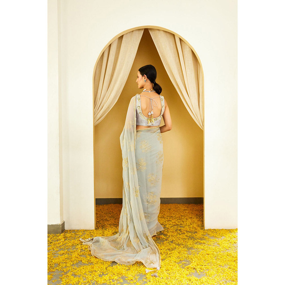 Nikasha Grey Foil Pure Silk Chiffon Saree with Stitched Blouse