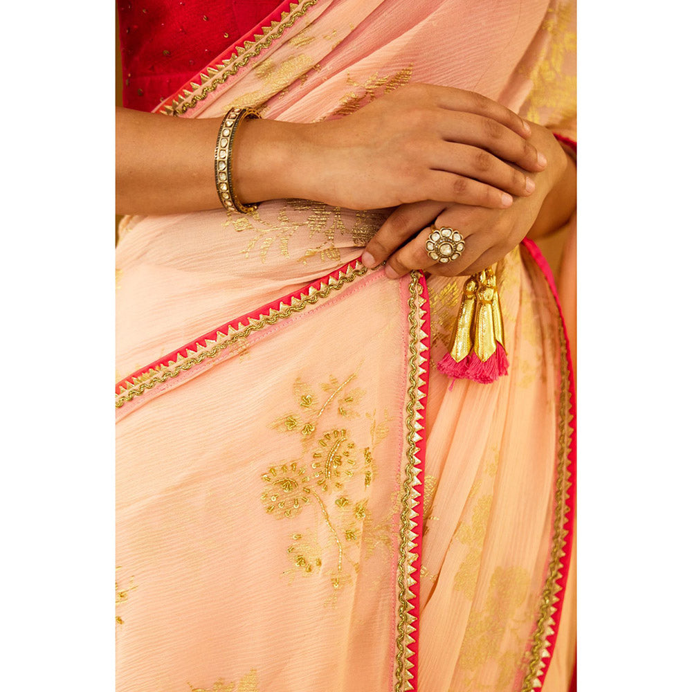 Nikasha Peach Foil Pure Silk Chiffon Saree with Stitched Blouse
