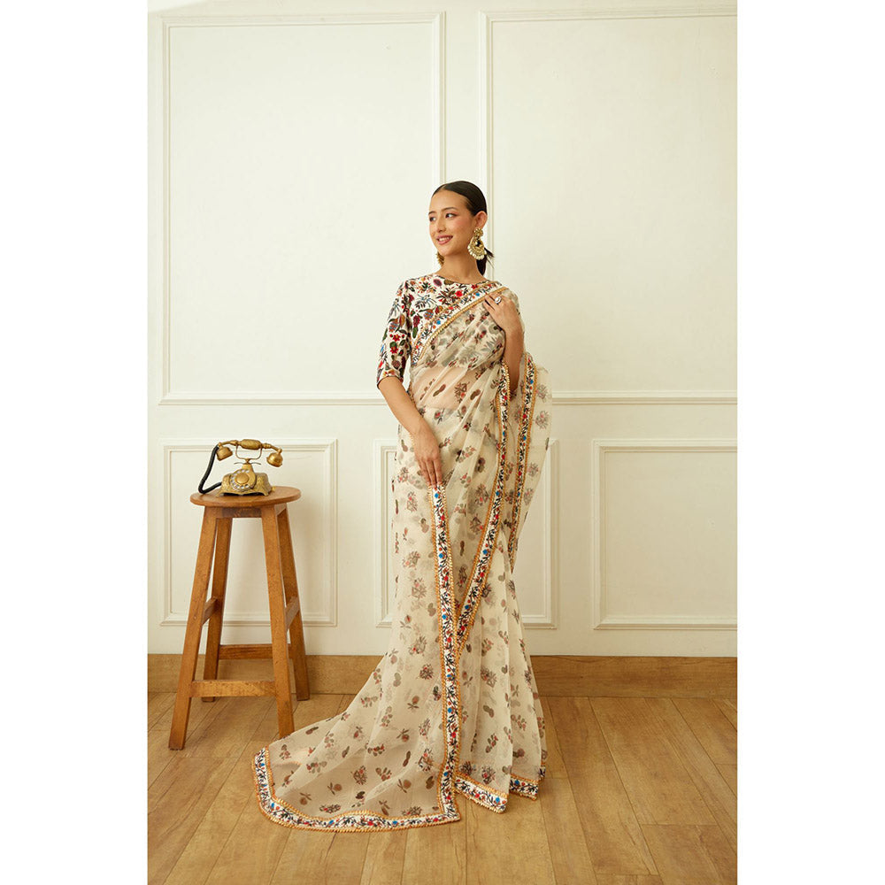 Nikasha Ivory Kohinoor Jaal Pure Silk Organza Saree with Stitched Blouse