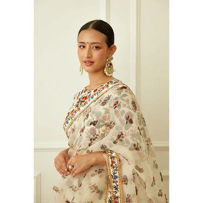 Nikasha Ivory Kohinoor Jaal Pure Silk Organza Saree with Stitched Blouse