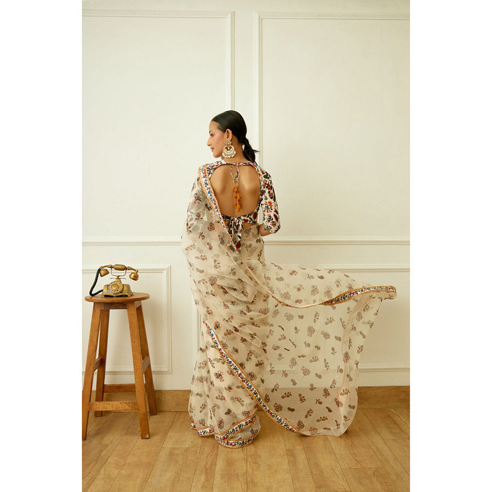 Nikasha Ivory Kohinoor Jaal Pure Silk Organza Saree with Stitched Blouse