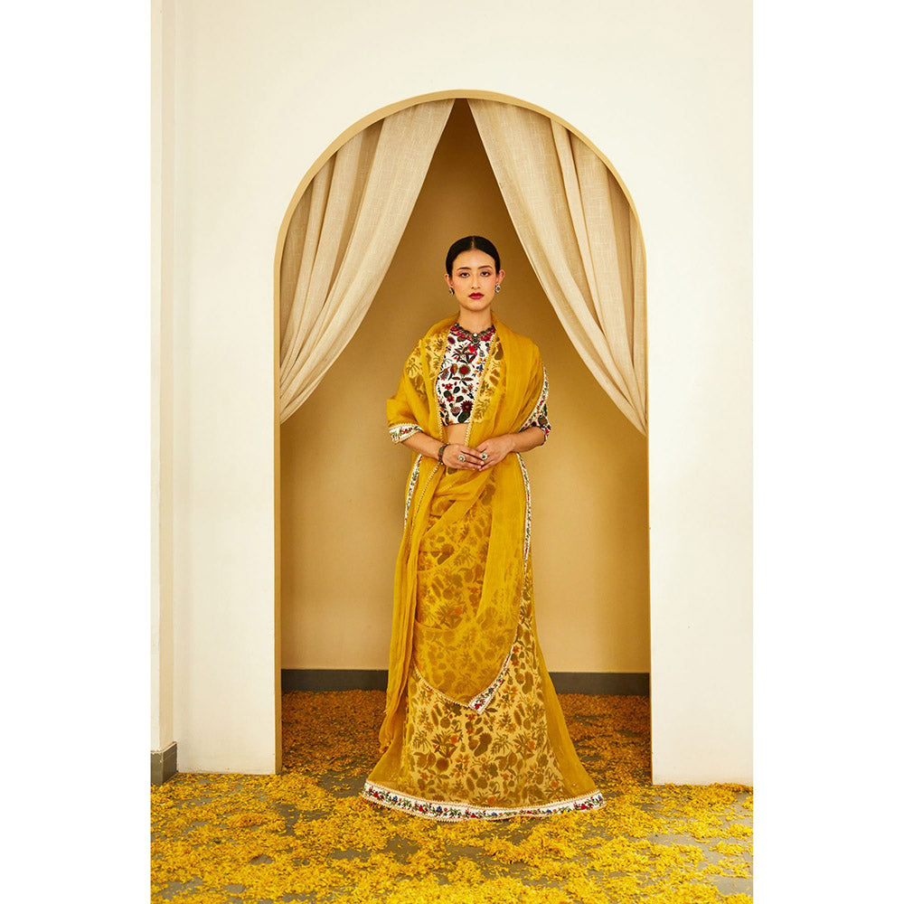 Nikasha Ochre Pure Organza Double Layer Lehenga (Set of 3)