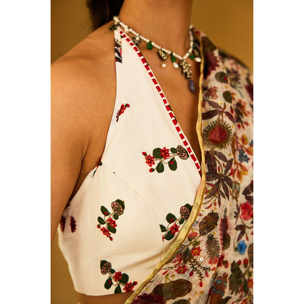 Nikasha Ivory Kohinoor Jaal Pure Kota Doriya Dhoti Saree with Stitched Blouse