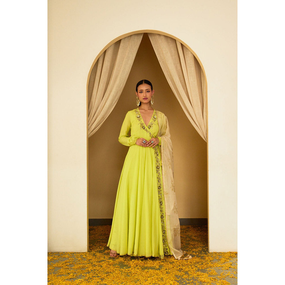 Nikasha Lime Green Embroidered Angarkha (Set of 3)