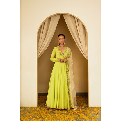 Nikasha Lime Green Embroidered Angarkha (Set of 3)