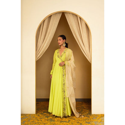 Nikasha Lime Green Embroidered Angarkha (Set of 3)