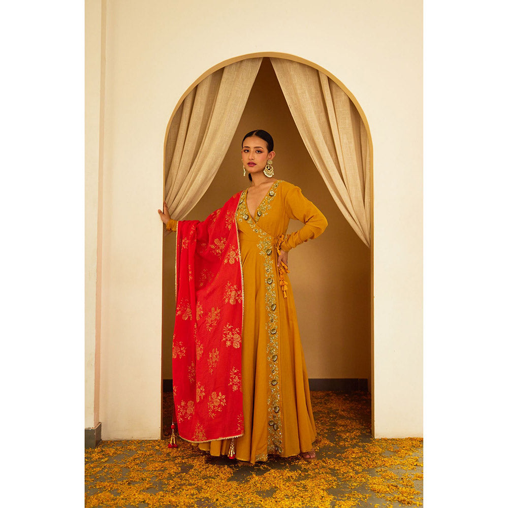 Nikasha Ochre Embroidered Angarkha (Set of 3)