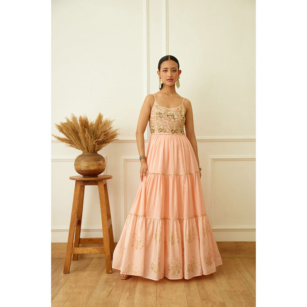 Nikasha Peach Foil Embroidered Anarkali Kalidar (Set of 2)