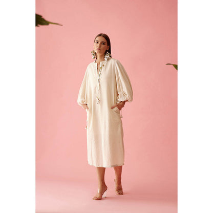 Nikasha Cream A-Line Textured Flower Tassels Dress