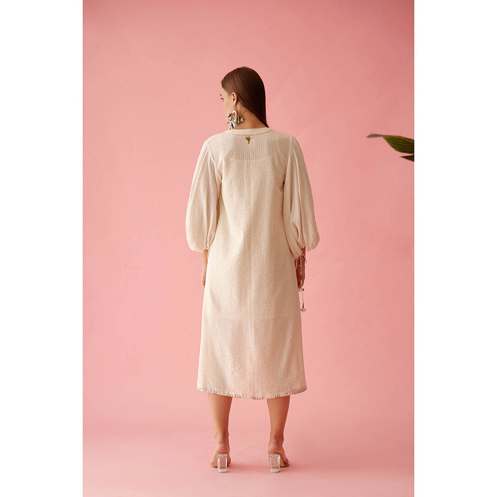 Nikasha Cream A-Line Textured Flower Tassels Dress