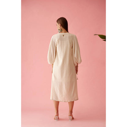 Nikasha Cream A-Line Textured Flower Tassels Dress