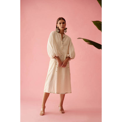 Nikasha Cream A-Line Textured Flower Tassels Dress