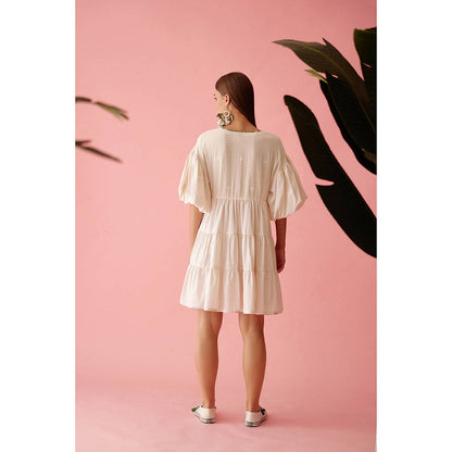 Nikasha Cream Solid Bubble Sleeves Tier Dress