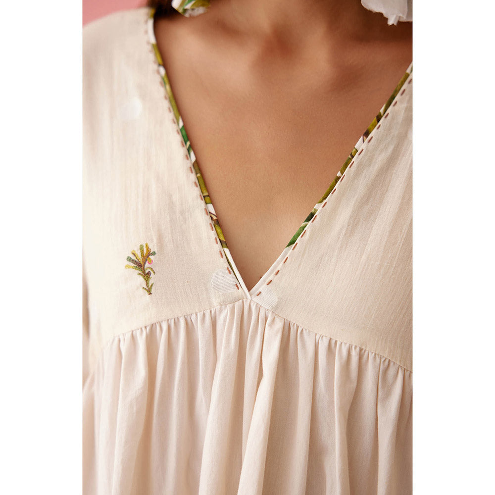 Nikasha Cream Solid Bubble Sleeves Tier Dress