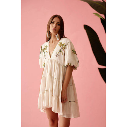 Nikasha Cream Bubble Sleeves Tier Dress