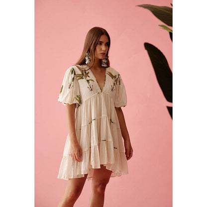 Nikasha Cream Bubble Sleeves Tier Dress