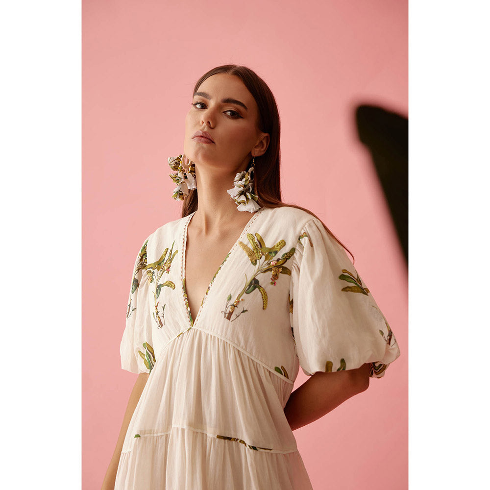 Nikasha Cream Bubble Sleeves Tier Dress