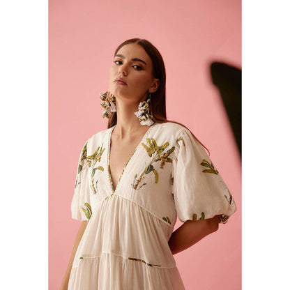 Nikasha Cream Bubble Sleeves Tier Dress