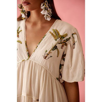 Nikasha Cream Bubble Sleeves Tier Dress