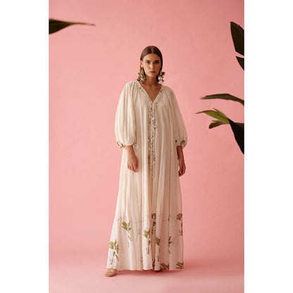 Nikasha Cream Handwoven Jamdani Cotton Bubble Sleeves Maxi Dress