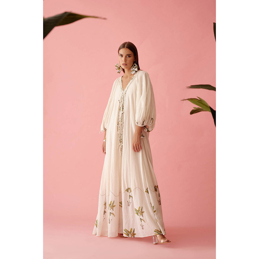 Nikasha Cream Handwoven Jamdani Cotton Bubble Sleeves Maxi Dress