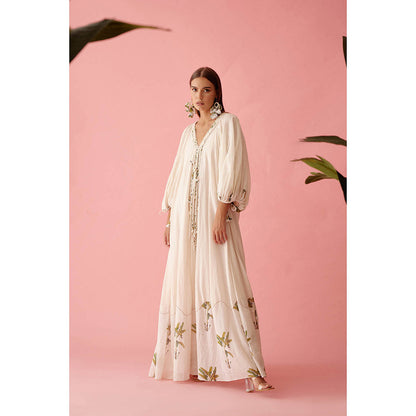 Nikasha Cream Handwoven Jamdani Cotton Bubble Sleeves Maxi Dress