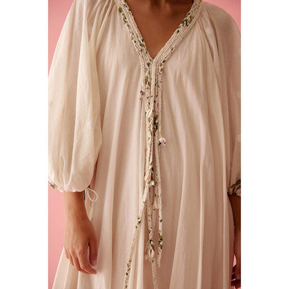 Nikasha Cream Handwoven Jamdani Cotton Bubble Sleeves Maxi Dress