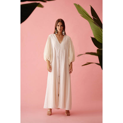 Nikasha Cream Handwoven Jamdani Bubble Sleeves A-Line Maxi Dress