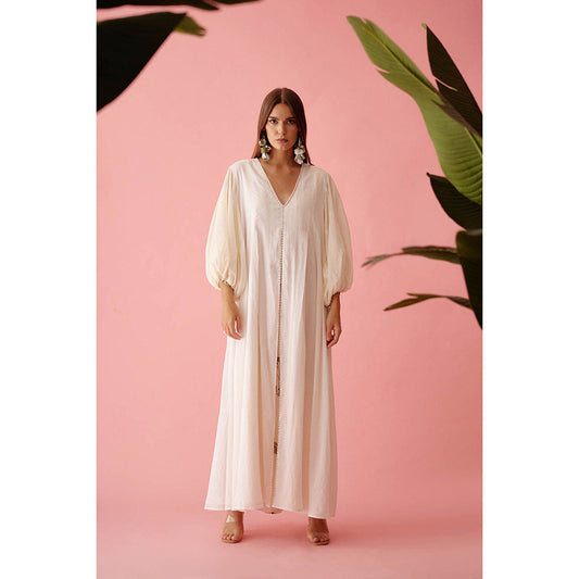 Nikasha Cream Handwoven Jamdani Bubble Sleeves A-Line Maxi Dress
