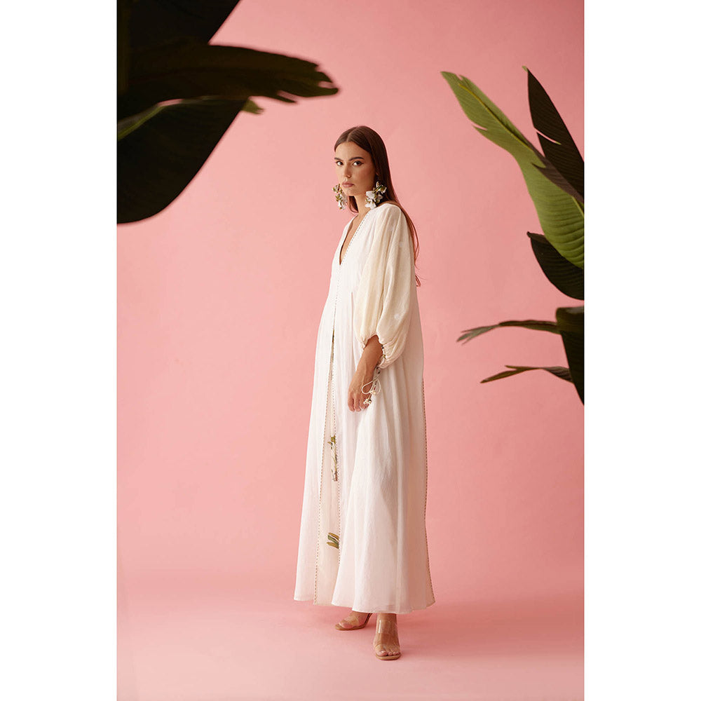 Nikasha Cream Handwoven Jamdani Bubble Sleeves A-Line Maxi Dress