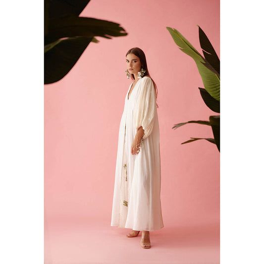 Nikasha Cream Handwoven Jamdani Bubble Sleeves A-Line Maxi Dress