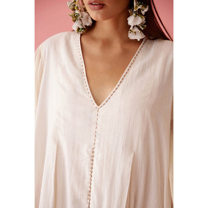 Nikasha Cream Handwoven Jamdani Bubble Sleeves A-Line Maxi Dress