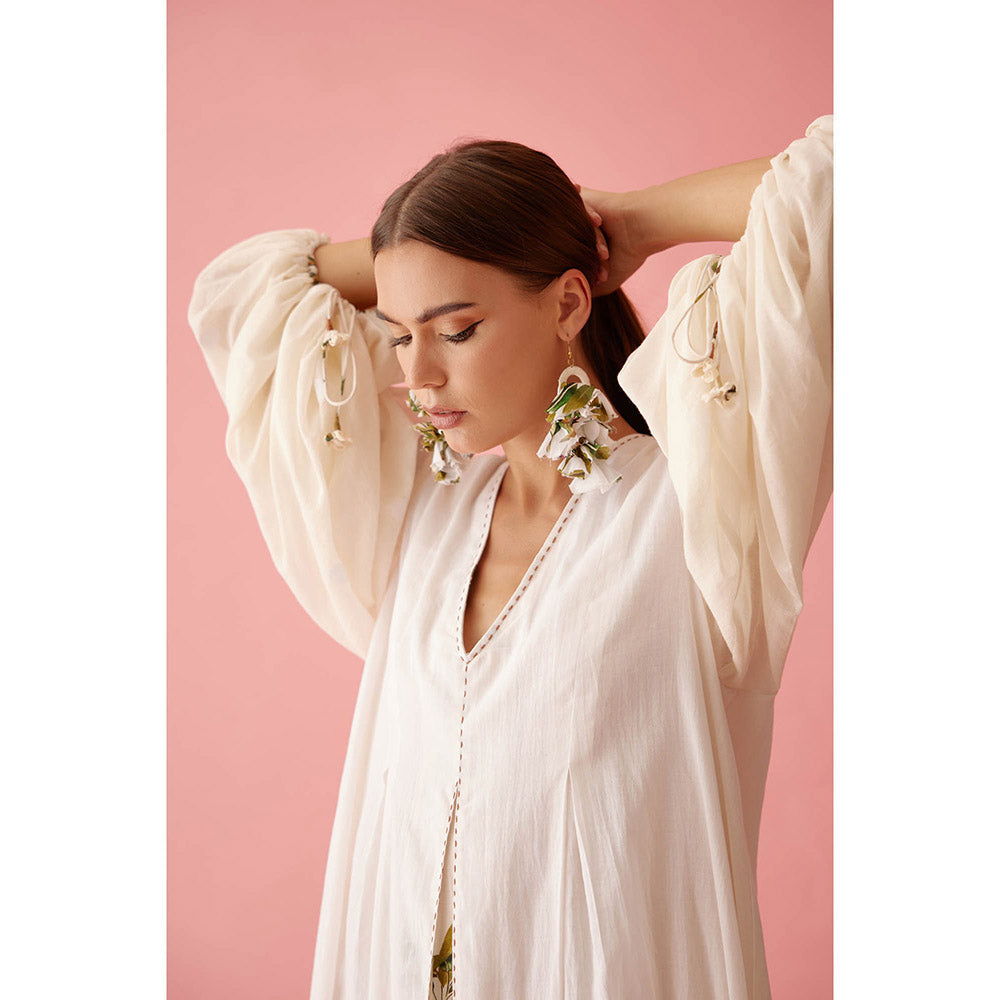 Nikasha Cream Handwoven Jamdani Bubble Sleeves A-Line Maxi Dress