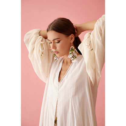 Nikasha Cream Handwoven Jamdani Bubble Sleeves A-Line Maxi Dress