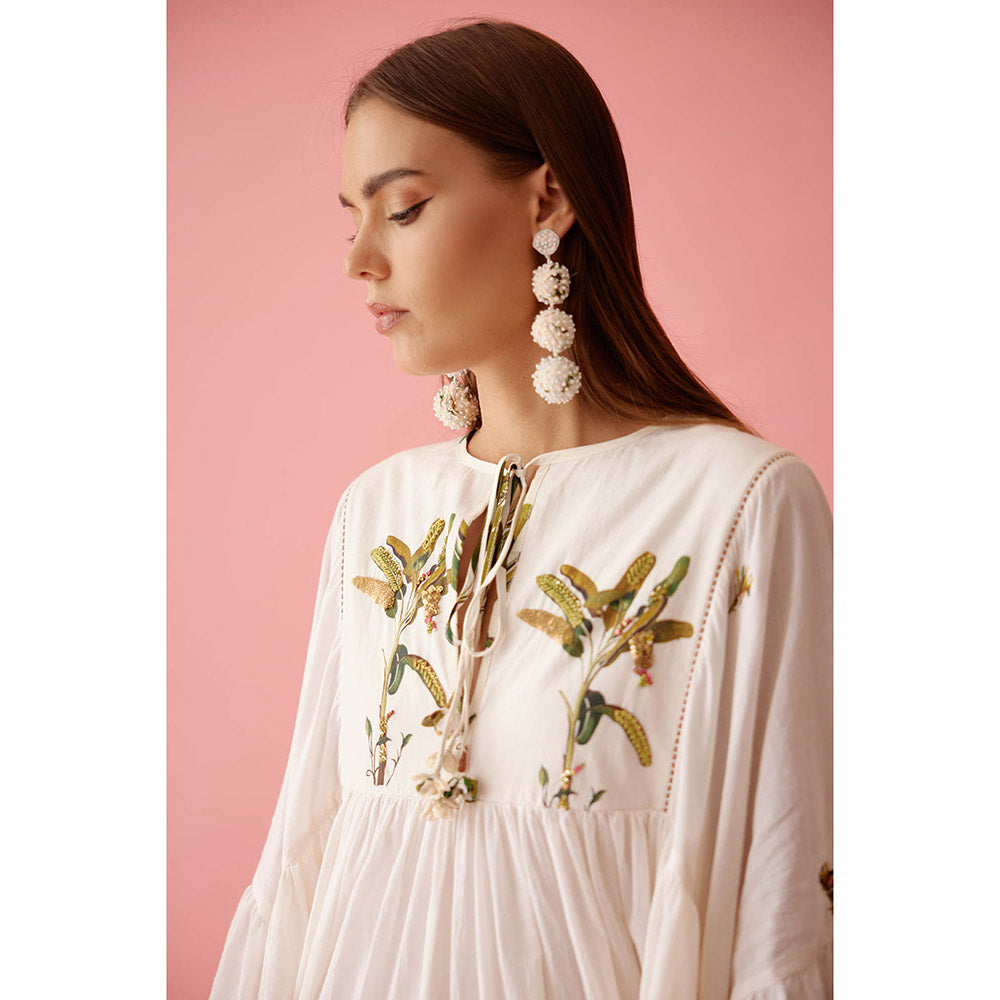 Nikasha Cream Banana Tree Print Yoke Frill Dress