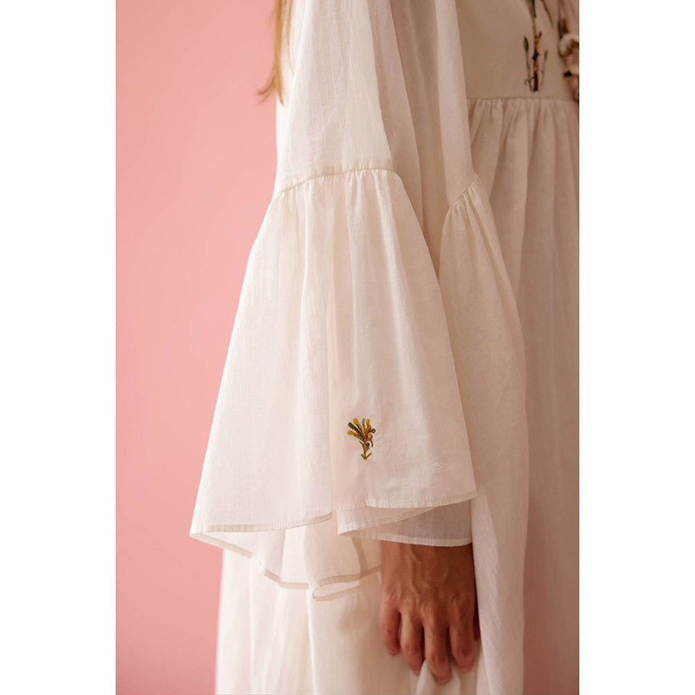 Nikasha Cream Banana Tree Print Yoke Frill Dress